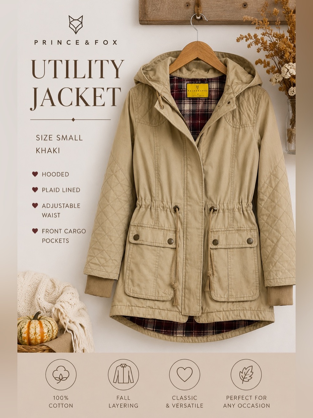 Prince & Fox Women’s Hooded Utility Jacket Small Khaki Plaid Lined Cotton